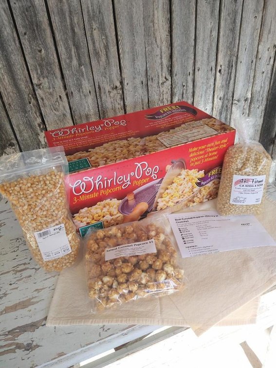 POPCORN POPPER AND POPCORN BUNDLE. INCLUDES WHIRLEY POP POPCORN MAKER, MUSHROOM POPCORN, REGULAR POP