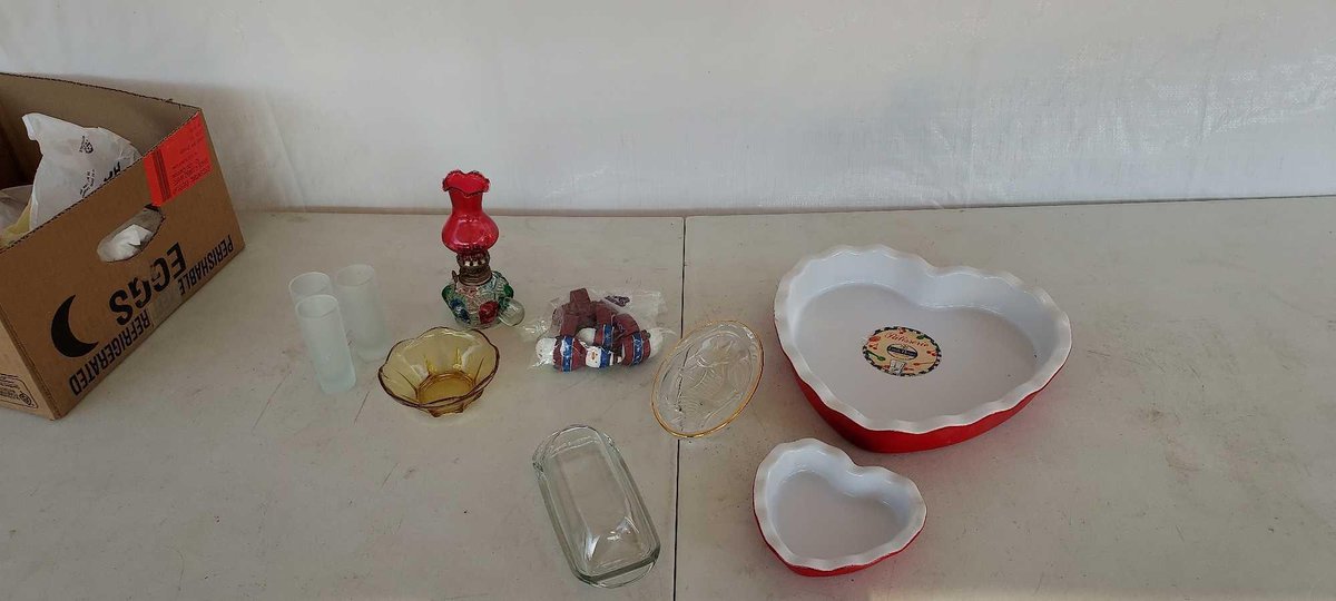 (I-10) FRENCH MADE STONEWARE HEART PIE/TART DISHES, GLASS COVERED BUTTER DISH, LEAD CRYSTAL GLASS CANDY DISH, ANTIQUE GOLD SAUCE  DISH AND OTHER MISC.