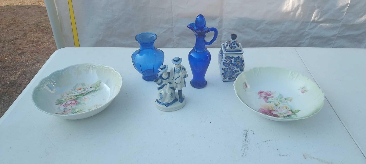 (I-11) 2 ANTIQUE BOWLS, BLUE GLASS VASE, BLUE DELFT FIGURINE, BLUE GLASS OIL CRUET AND MISC.