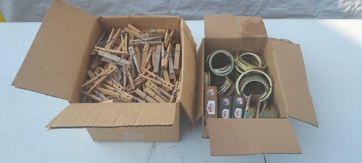 (I-12) LARGE BOX CLOTHES PINS AND BOX OF CANNING LIDS AND RINGS. (SOME NEW)