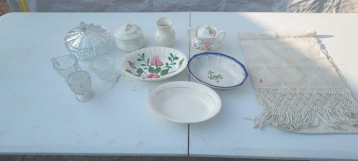 (I-15) GREEN AND WHITE HAND GLAZED SUGAR AND CREAMER SET, LEAD CRYSTAL CANDY DISH, "FOOTED" CRYSTAL SUGAR BOWL, MISCELLANEOUS VINTAGE SERVING DISHES AND SUGAR BOWLS