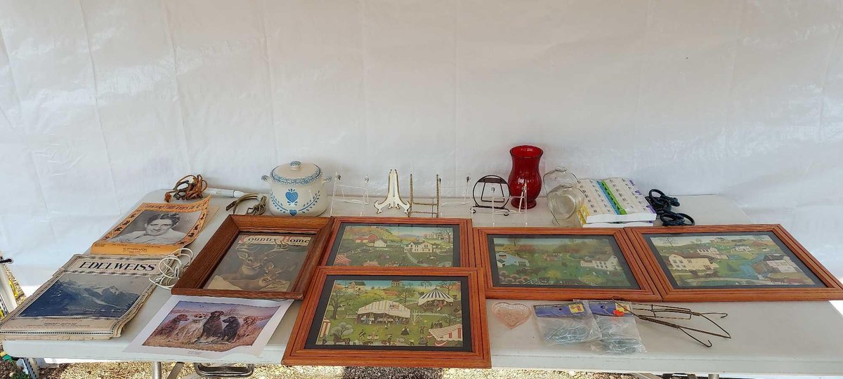 (I-24) RED VASE, BEAN POT, WALL ART AND VINTAGE MUSIC SHEETS