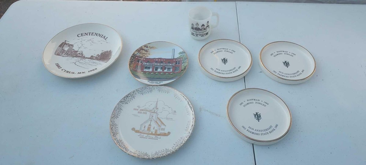 (I-29) CYRUS, MN CENTENNIAL MUG AND PLATE.  HOFFMAN LANDS LUTHERAN 100 YR ANNIVERSARY, 100 YR. HOFFMAN CO-OP AND HOFFMAN FARMERS BANK 55TH ANNIVERSARY