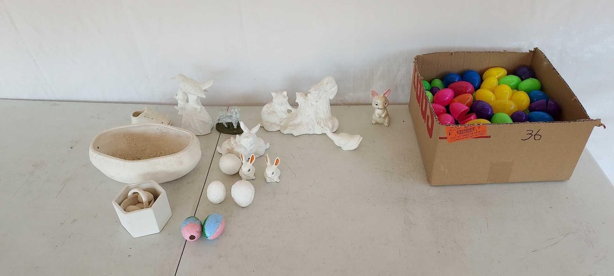 (I-36) EASTER "GREEN-WARE" DECORATIONS AND LARGE BOX OF FILL-ABLE PLASTIC EASTER EGGS