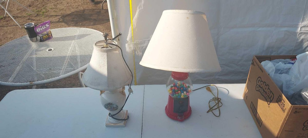 (I-37) ANTIQUE LAMP WITH SHADE AND BUBBLE GUM LAMP WITH SHADE (IS REFILLABLE AND WORKS)
