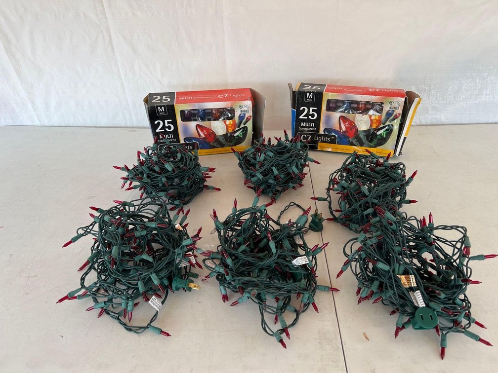 (I-56) LARGE BOX WITH 6 STRINGS OF CHRISTMAS RED MINI-LIGHTS AND 2 SETS OF 25 REGULAR OLD FASHION CHRISTMAS LIGHTS