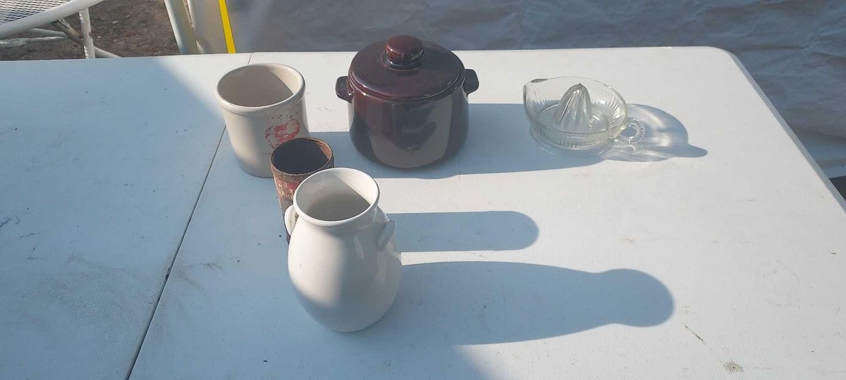 (I-72) 1 QT. HIGH JAR CROCK, VASE, VINTAGE GLASS JUICER AND USA BEAN POT
