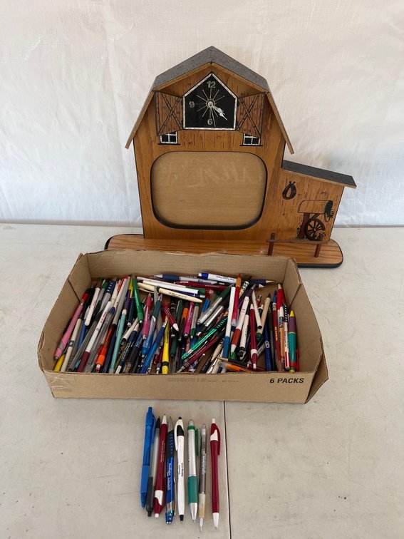 (I-80) BOX WITH VARIOUS ADVERTISING PENS AND BARN WITH PICTURE FRAME CLOCK