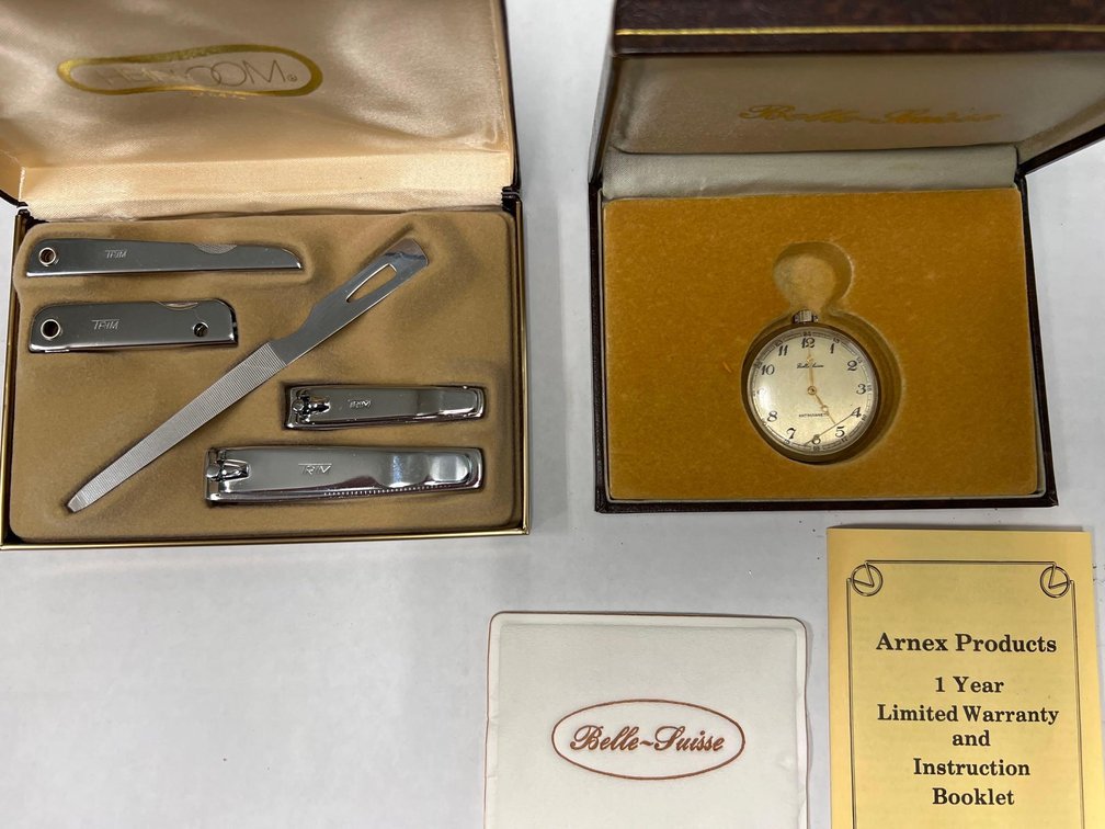 (I-884 Z) (LOCATED IN BENSON) HEIRLOOM BY TRIM - NAIL CUTTING KIT IN BOX, BELLE SUISSE POCKET WATCH 