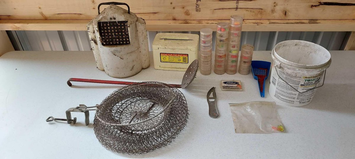 FISH KEEP NET, MINNOW BUCKET, SCOOP, BAIT BOX, AND MORE
