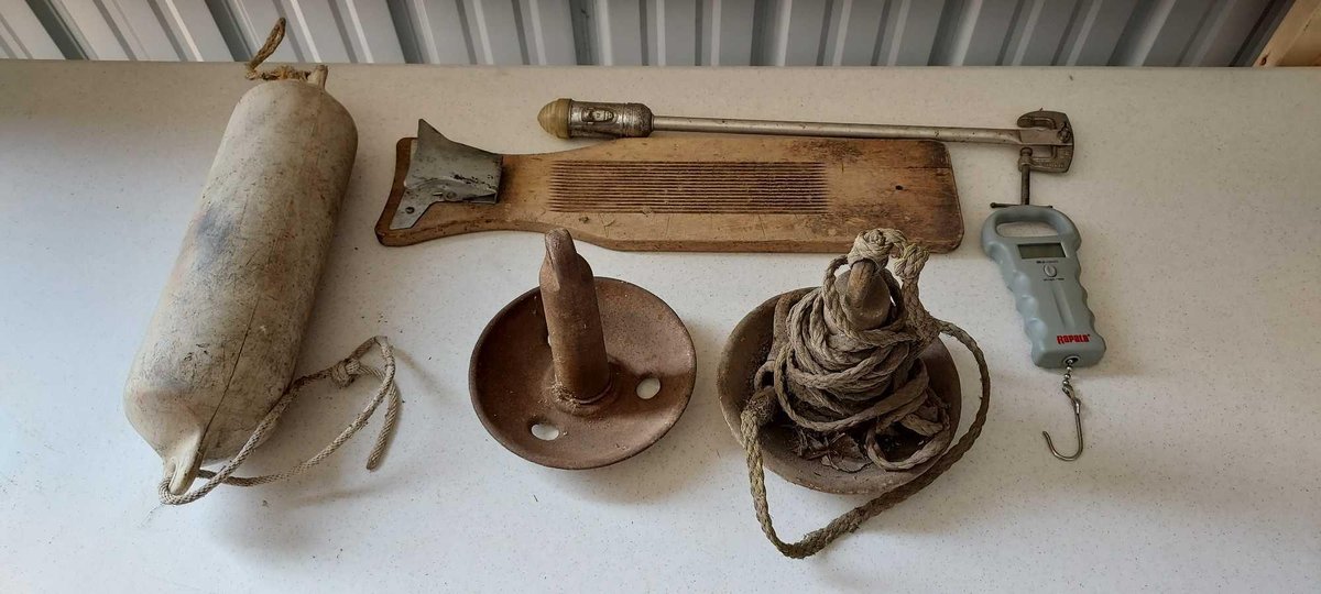 [2] BOAT ANCHORS, FISH SCALE, CLEANING BOARD, BUOY, AND BOAT LIGHT
