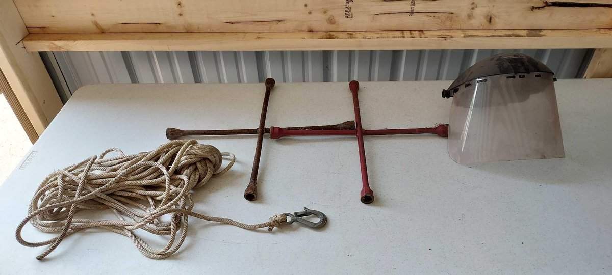 [2] 4-WAY TIRE IRONS, SAFETY FACE SHIELD, AND ROPE