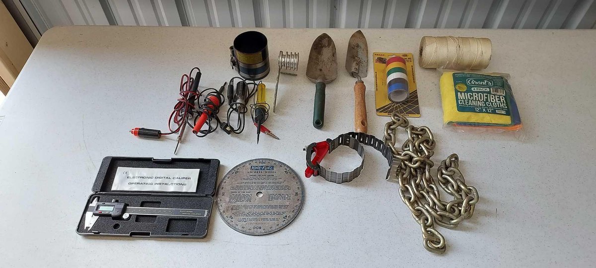 CIRCUIT TESTERS, ELECTRICAL TAPE, CLOTHS, TROWELS, CHAIN, AND MORE