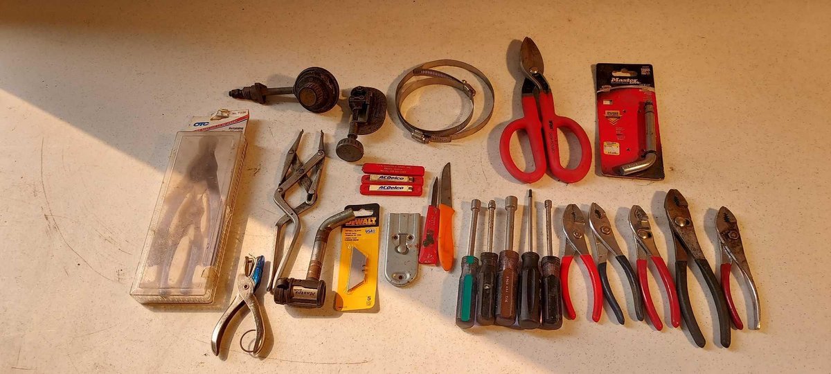 TIN SNIPS, HOSE CLAMPS, PLIERS, AND MISC