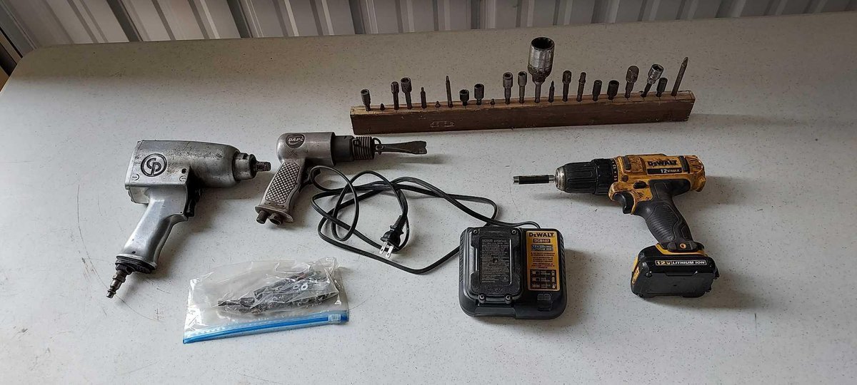 DEWALT 12V CORDLESS DRILL, AIR CHISEL, AIR IMPACT, AND BITS
