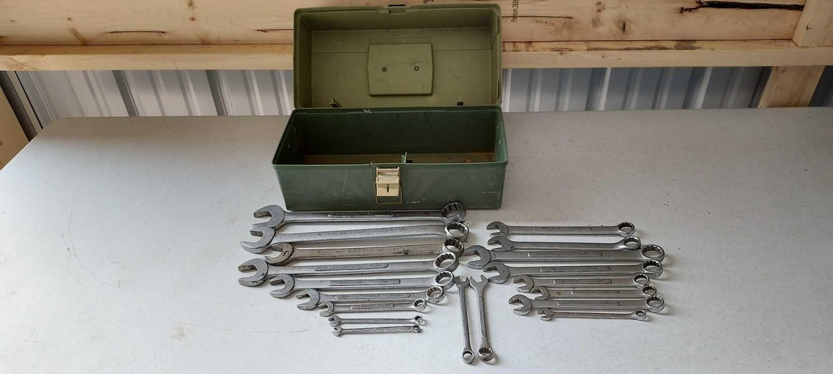 ASSORTMENT OF OPEN ENDED WRENCHES AND TACKLE BOX