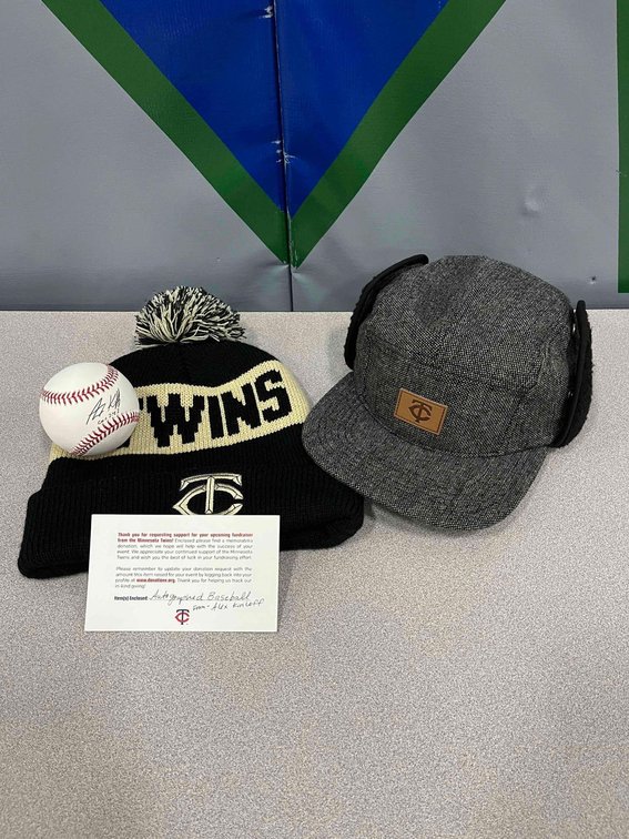 Alex Kiriloff signed baseball and hats donated by the Minnesota Twins