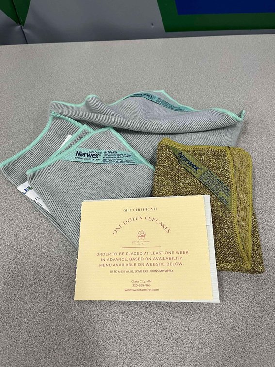 Norwex kitchen towel, cloth, fruit cloth donated by Kim Bristle and one dozen cupcakes donated by Sweet Amoret