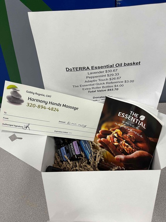 DoTERRA essential oil basket donated by Jennifer Wassenaar and 60 minutes Harmony Hands Massage