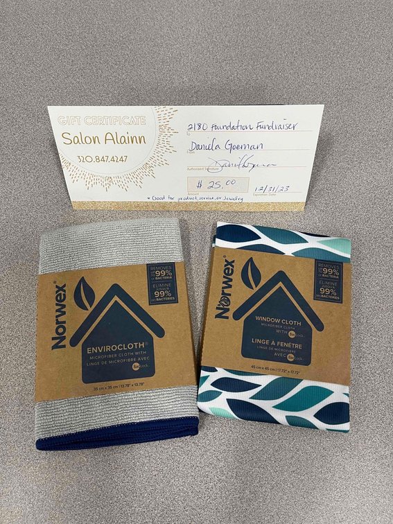 Salon Alain $25 gift card donated by Daniella Goeman and Norwex window and envirocloth donated by Kim Bristle