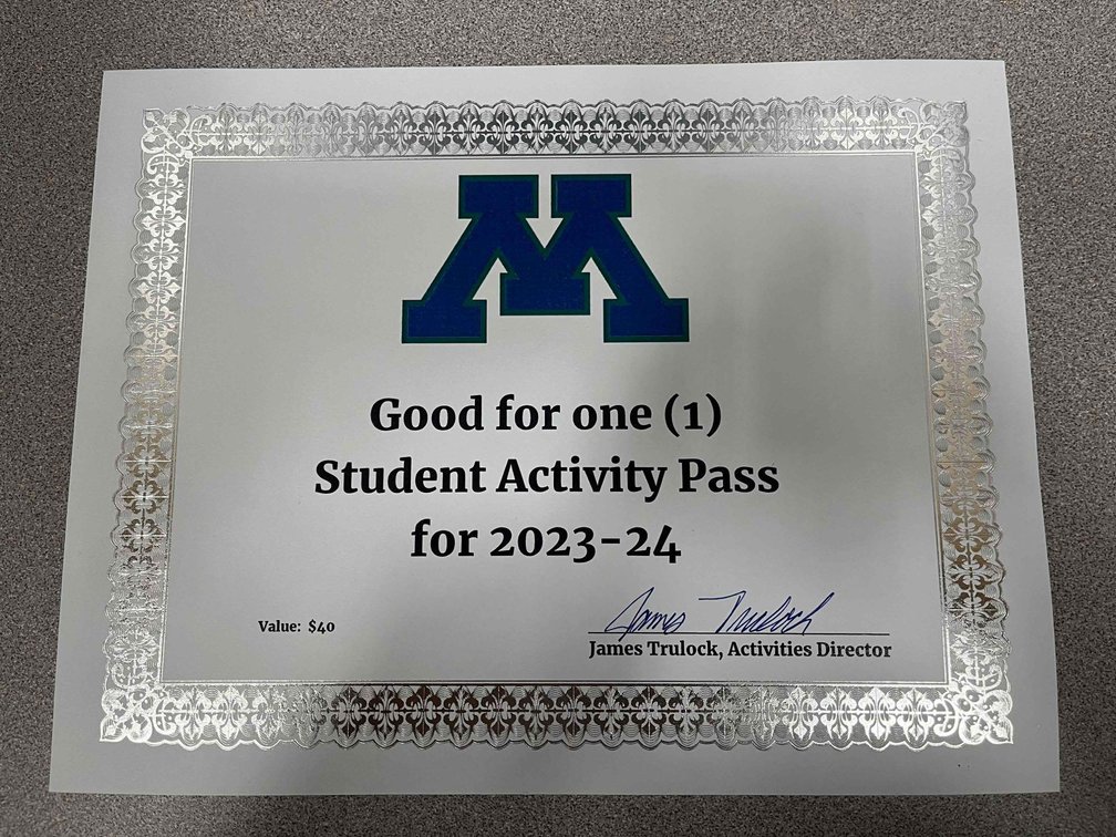 Student activity pass for 2023-2024 school year donated by MACCRAY Activities Department