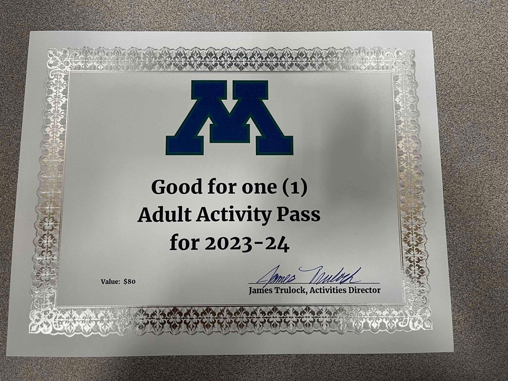 Adult activity pass for 2023-2024 school year donated by MACCRAY Activities Department