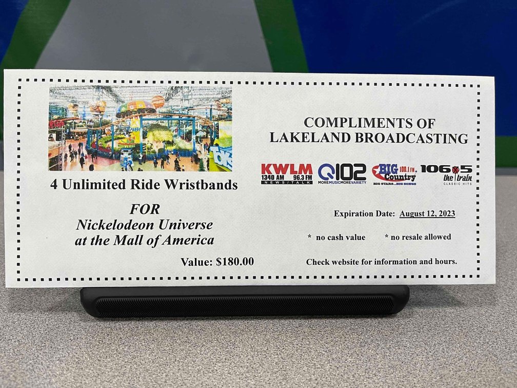 Nickelodeon Universe 4 unlimited wrist bands donated by Lakeland Broadcasting