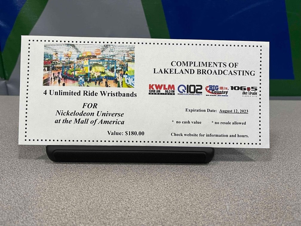 Nickelodeon Universe 4 unlimited wrist bands donated by Lakeland Broadcasting