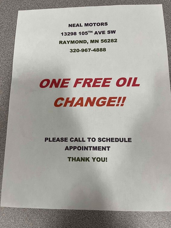 Neal Motors one free oil change
