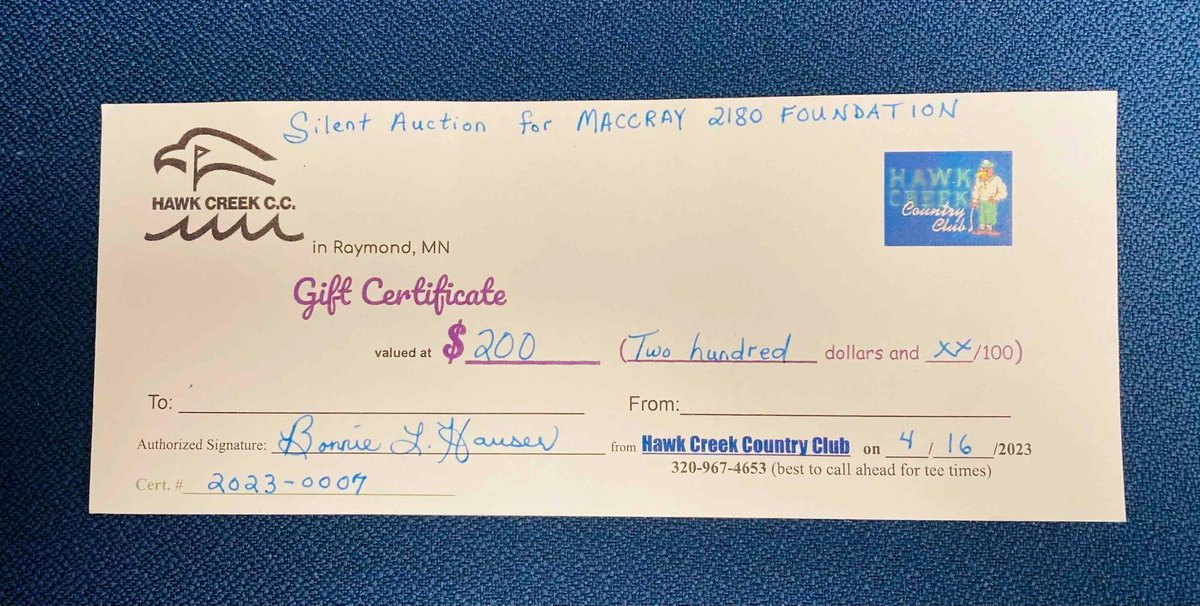 Hawk Creek Country Club $200 gift certificate