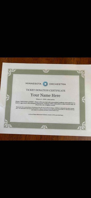 Minnesota Orchestra two tickets to one concert donated by the Minnesota Orchestra