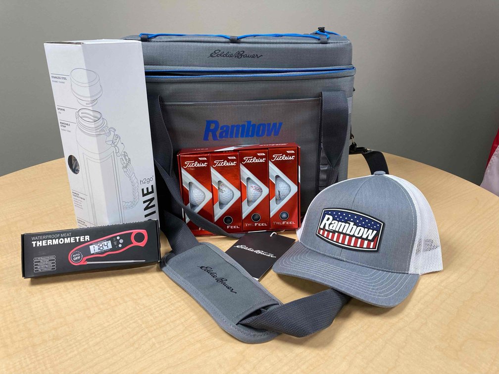 Cooler, 4 sleeves of golf balls, hat, meat thermometer, and stainless steel water bottle donated by 