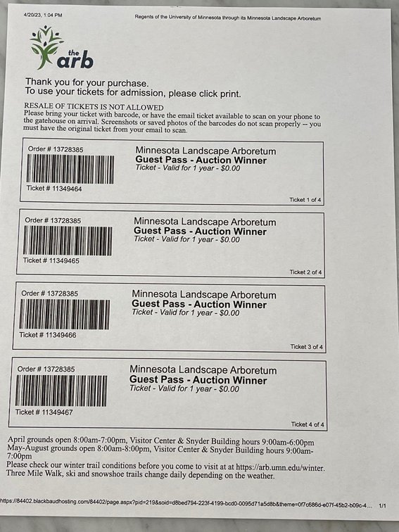 Minnesota Landscape Arboretum 4 guest passes valid for 2023
