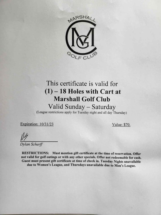 Marshall Golf Club 18 Holes with cart 