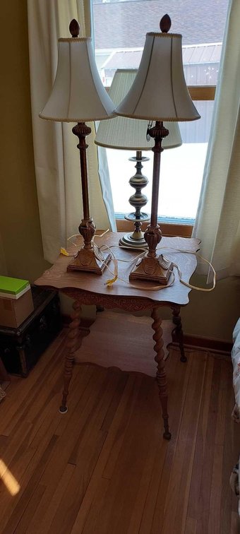 WOODEN BED SIDE TABLE W24" X H29" X L24" WITH (3) LAMPS