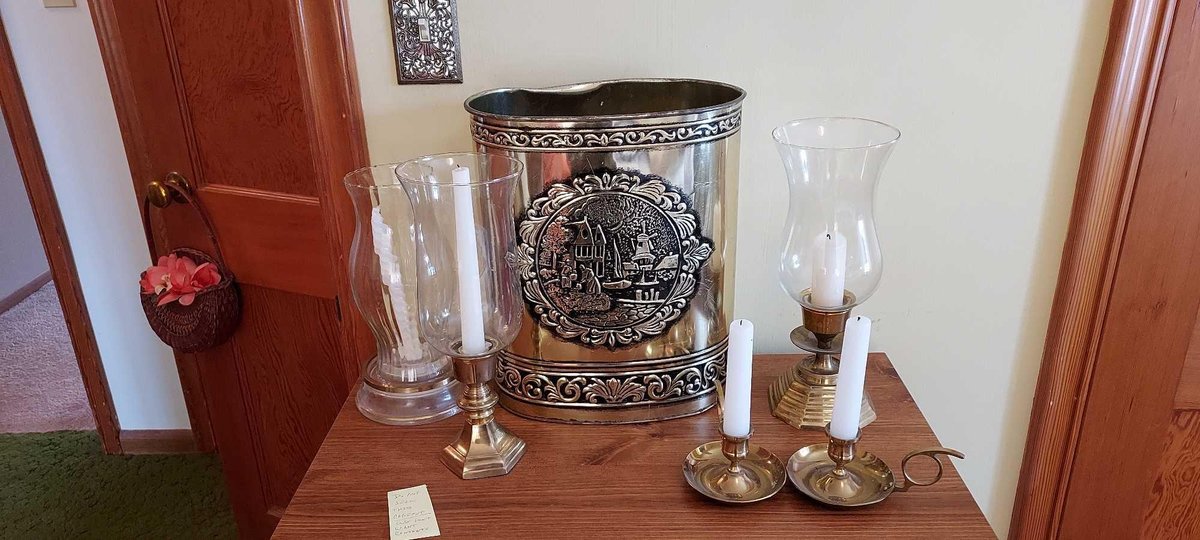 DECORATIVE TRASH CAN AND ASSORTMENT OF CANDLES IN CANDLE HOLDERS