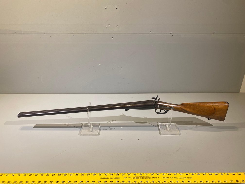 SIDE BY SIDE 12 GAUGE SHOTGUN (UNKNOWN MAKE & MODEL), DAMASCUS BARREL, SN# 7466