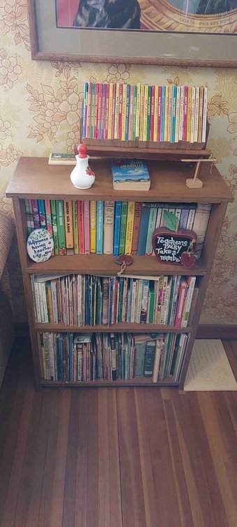LARGE ASSORTMENT OF VINTAGE BOOKS AND BOOKSHELF W26" X L36" X D11"
