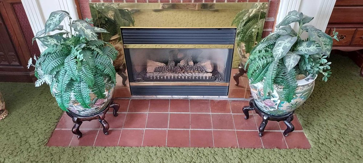 (2) LARGE DECORATIVE CERAMIC FLOWER POTS ON STAND