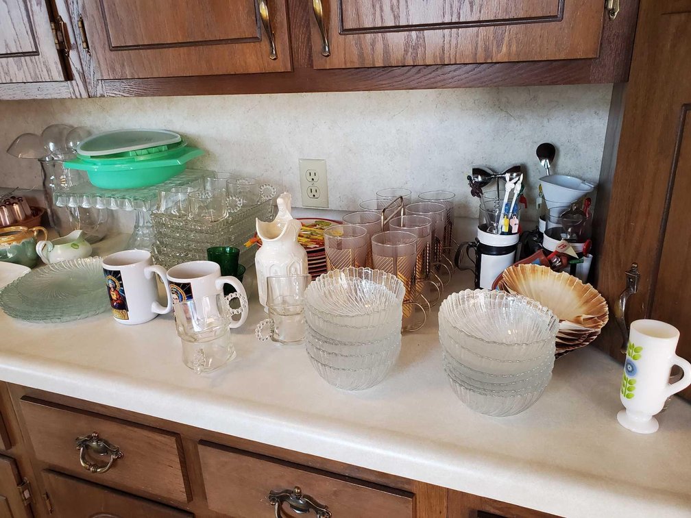 ASSORTMENT OF CUPS, DISHES, PLATES, BAKEWARE, PLASTIC UTENSILS, AND MORE
