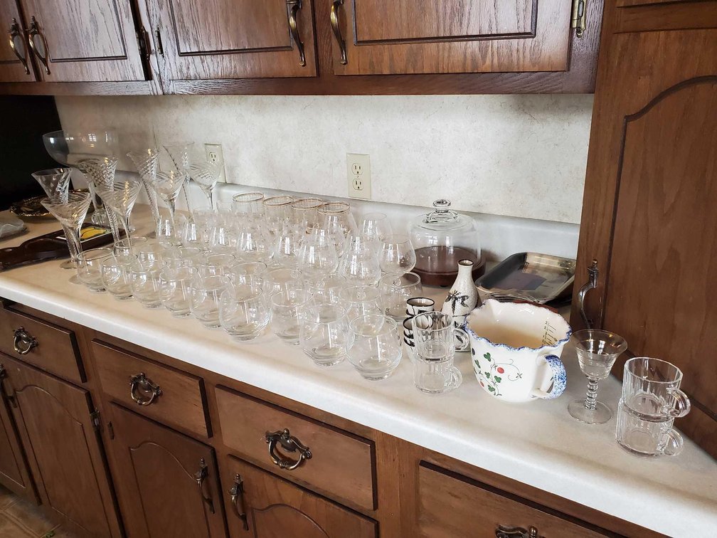ASSORTMENT OF GLASSES, STEMWARE, SAKE SET, SERVING TRAYS, AND MORE
