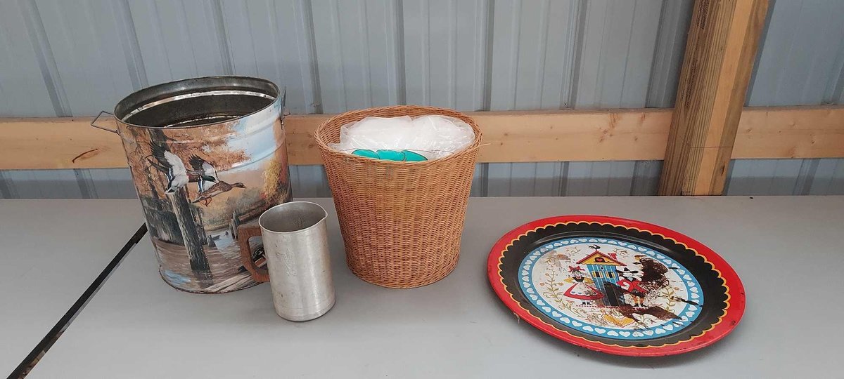 WICKER BASKET, DECORATIVE TIN, AND SERVING PLATTER