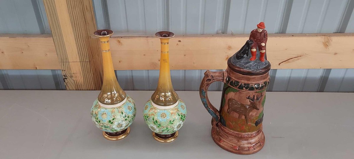 BEER STEIN AND (2) VASES