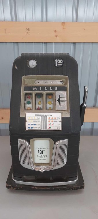 VINTAGE MILLS DOLLAR PLAY SLOT MACHINE (SELLER STATES WORKING CONDITION) (NO KEYS)