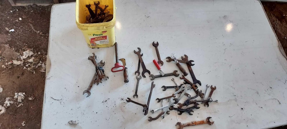 ASSORTMENT OF OPEN-END WRENCHES, HITCH PIN, SCRAPERS, AND MORE