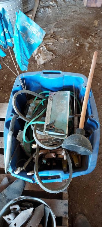 TOTE OF WRENCHES, PLUNGER, EXTENSION CORD, MOLE TRAP, BELTS, AND MORE