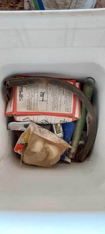(2 BUCKETS) ROLLER CHAIN, HITCH PINS, HYPRO PUMP, AND MORE