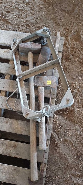 SLEDGEHAMMER, AXE, (2) SLEDGE HEADS, AND WEED CUTTER