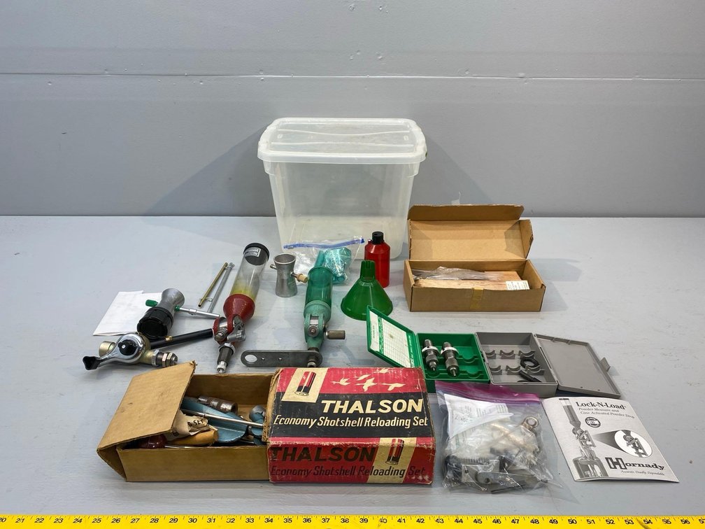 (I-72) ASSORTMENT OF RELOADING ACCESSORIES, POWDER DROPPER, DIES, AND MORE