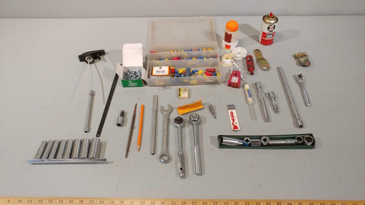 ASSORTMENT OF SOCKETS, WIRE CONNECTORS, WRENCHES, AND OTHER MISC ITEMS